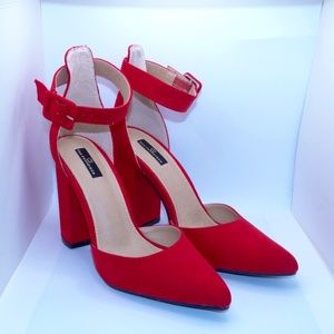 Daily Shoes Red Fabric Pumps with Ankle Strap 7.5